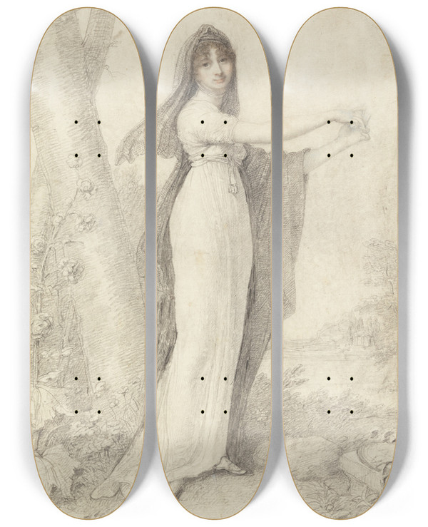 Triptych art skateboard deck of Richard Cosway Portrait Of A Lady Standing Near A Lake by Richard Cosway (1742-1821)