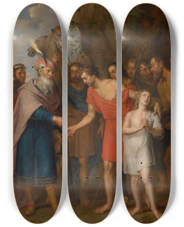 Triptych art skateboard deck of Balthasar Beschey Joseph Sold By His Brothers by Balthasar Beschey (1708-1776)