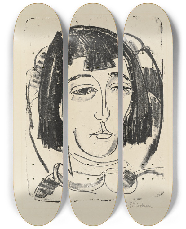 Triptych art skateboard deck of Ernst Ludwig Kirchner Kopf Erna Mit Kurzem Haar by Ernst Ludwig Kirchner (1880-1938)