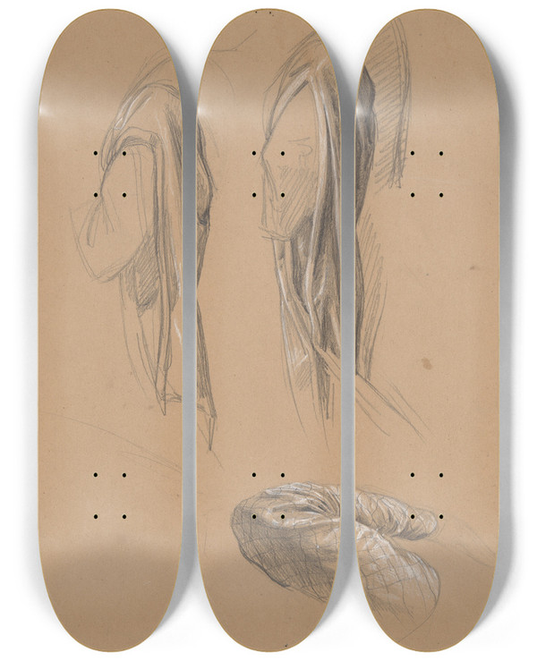 Triptych art skateboard deck of Jzef Simmler Studies Of The Queens Dress Sleeves For The Painting Queen Jadwigas Oath by Jozef Simmler (1823-1868)