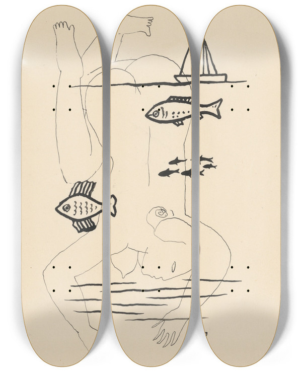 Triptych art skateboard deck of Mikul Galanda Drowned_2 by Mikulas Galanda (1895-1938)