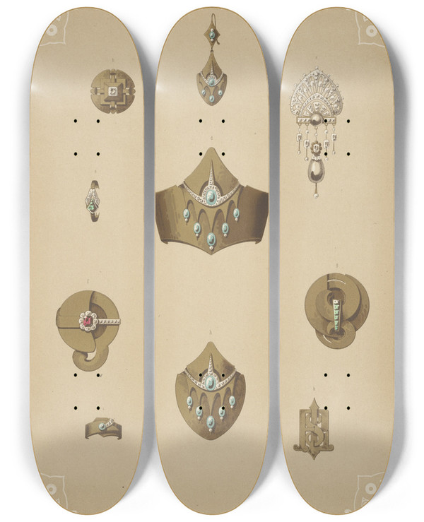 Triptych art skateboard deck of Martin Gerlach Ten Designs For Jewelry Including Gold Pointed Bracelet With Green Stones by Martin Gerlach (1846-1918)