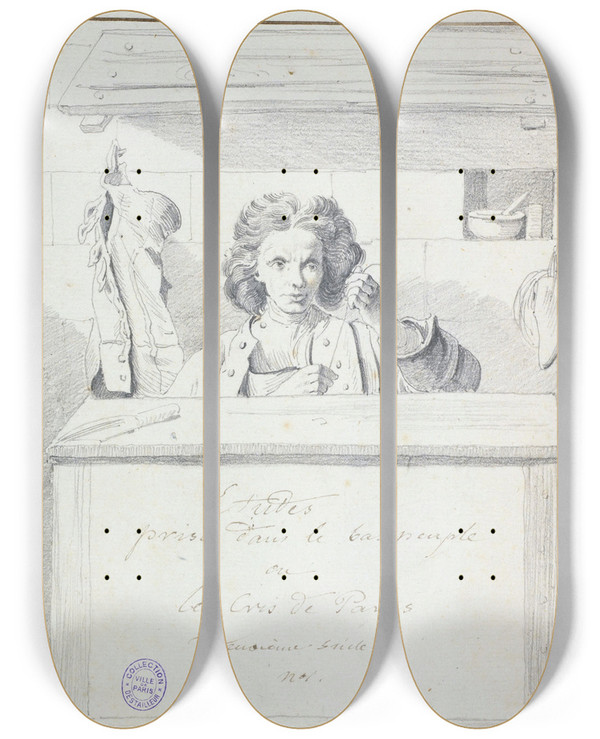 Triptych art skateboard deck of Edm Bouchardon Le Savetier by Edme Bouchardon (1698-1762)