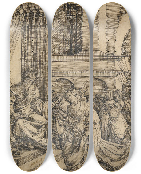 Triptych art skateboard deck of Frans Crabbe Van Espleghem Esther Before Ahasuerus by Frans Crabbe Van Espleghem (1480-1552)