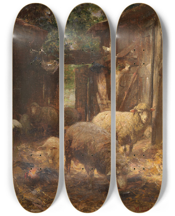 Triptych art skateboard deck of Heinrich Von Zgel Schafe Und Lmmer Beim Hhnerstall by Heinrich Von Zugel (1850-1941)