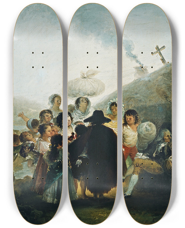 Triptych art skateboard deck of Francisco De Goya Le Marchand De Marionnettes by Francisco de Goya (1746-1828)
