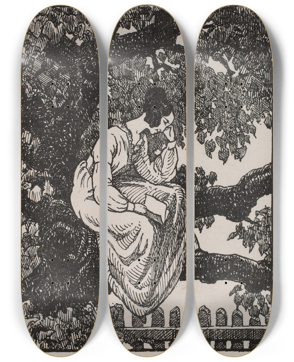 Triptych art skateboard deck of Alexander Blom Vignette Til H Hertz Posthuset I Hirschholm by Alexander Blom (1859-1933)