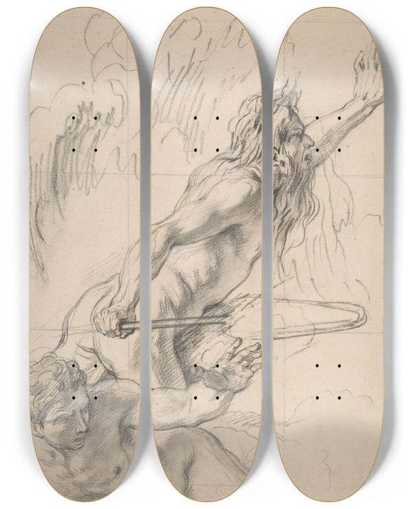 Triptych art skateboard deck of Charlesantoine Coypel River God And Another Male Figure by Charles-Antoine Coypel (1694-1752)