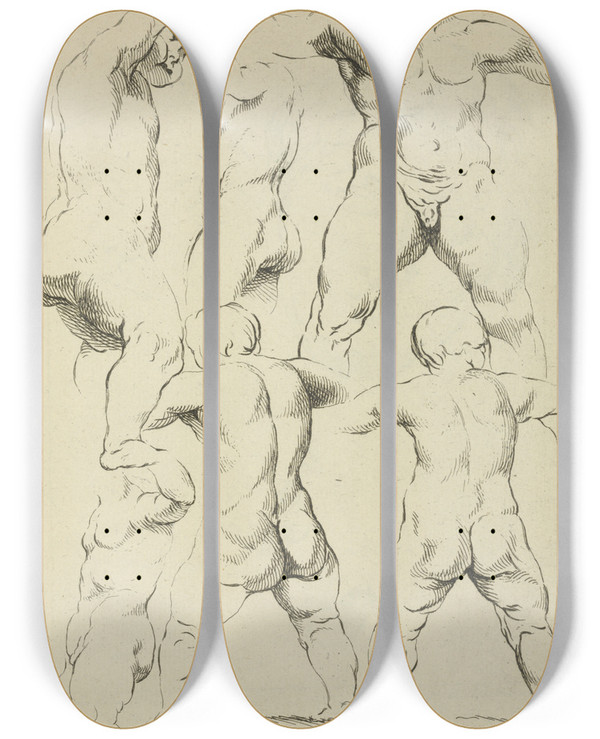 Triptych art skateboard deck of Peter Paul Rubens Studies Of Male Torsos by Peter Paul Rubens (1577-1640)