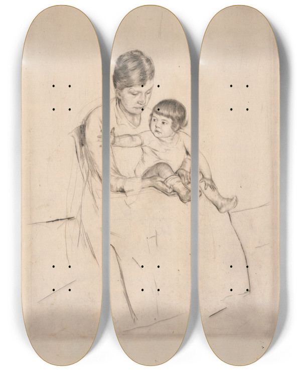 Triptych art skateboard deck of Mary Cassatt The Stocking by Mary Cassatt (1844-1926)