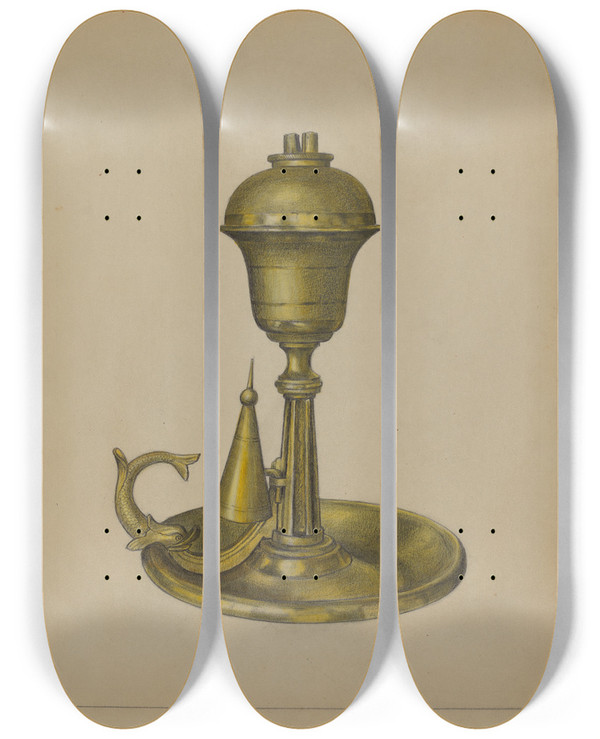 Triptych art skateboard deck of Janet Riza Sperm Oil Lamp by Janet Riza (20-)