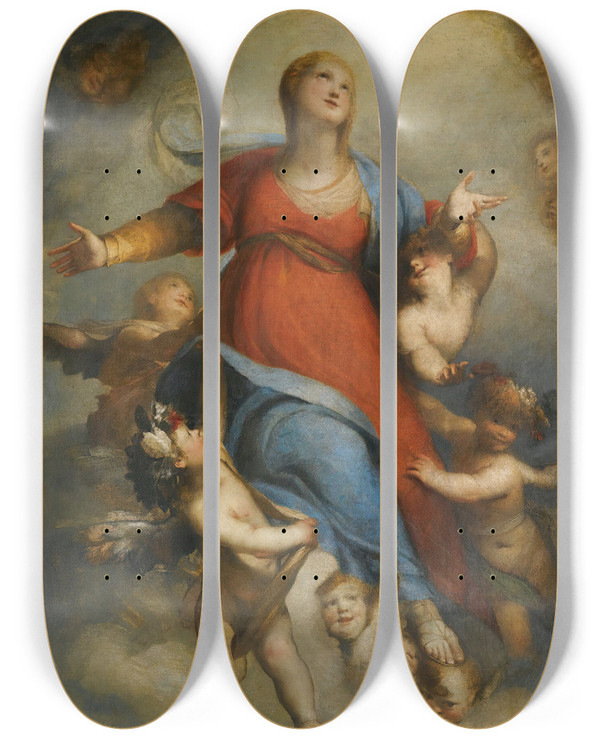 Triptych art skateboard deck of Domenico Piola The Assumption Of The Virgin by Domenico Piola (1627-1703)