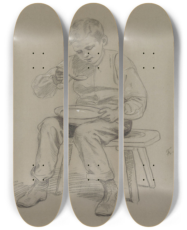 Triptych art skateboard deck of Adolph Tidemand Gutt Som Spiser Suppe by Adolph Tidemand (1814-1876)