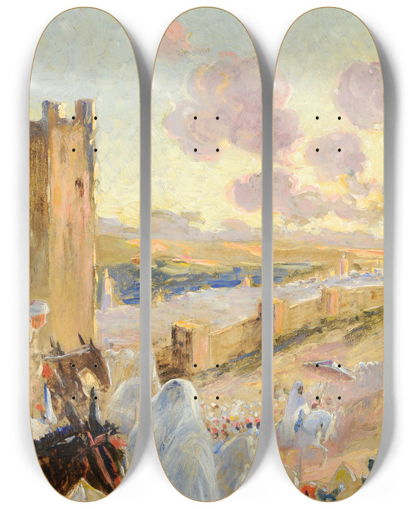 Triptych art skateboard deck of Maurice Romberg De Vaucorbeil The Sultan Going Out by Maurice Romberg De Vaucorbeil (1862-1943)