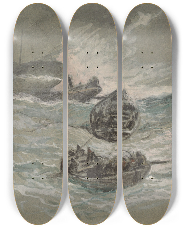 Triptych art skateboard deck of Elihu Vedder The Shipwreck by Elihu Vedder (1836-1923)