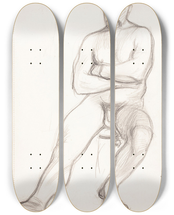 Triptych art skateboard deck of Magnus Enckell Istuva Alaston Mies Luonnos_1 by Magnus Enckell (1870-1925)