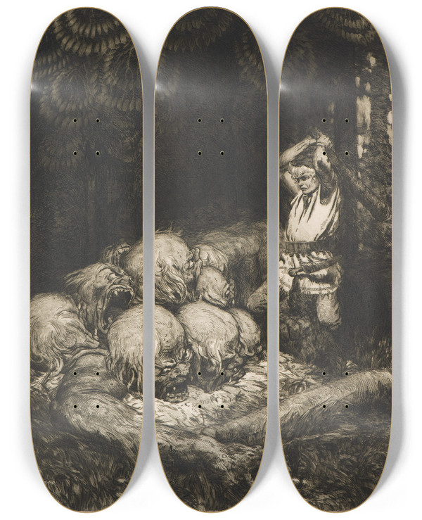 Triptych art skateboard deck of Rihards Zari Kurbads The Hero And Nine Headed Devil by Rihards Zarins (1869-1939)