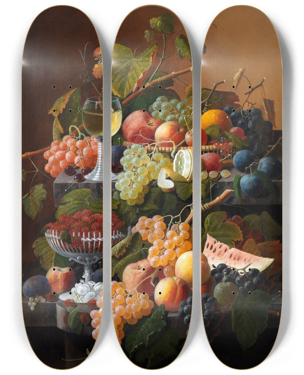 Triptych art skateboard deck of Severin Roesen Still Life_1 by Severin Roesen (1816-1872)