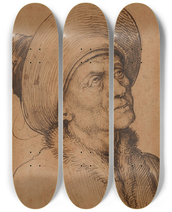 Triptych art skateboard deck of Martin Schongauer Bust Of A Man In A Hat Gazing Upward by Martin Schongauer (1435-1491)