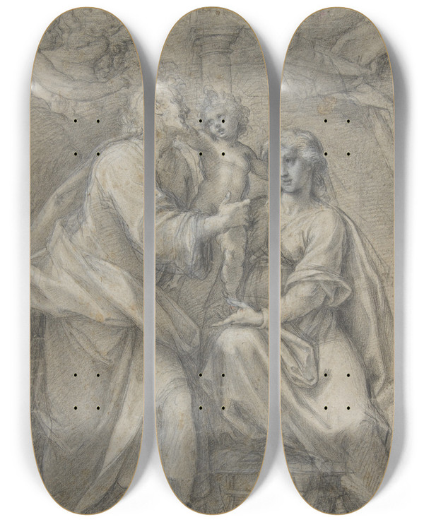 Triptych art skateboard deck of Cristoforo Roncalli The Holy Family With Angels by Cristoforo Roncalli (1552-1626)
