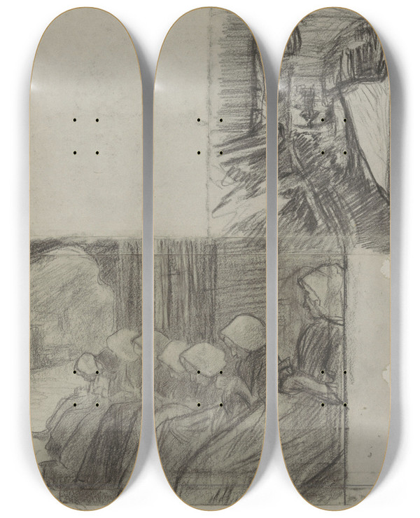 Triptych art skateboard deck of Jan Veth Handwerkende Meisjes Op Een Rij En Schets Van Een Weggetje by Jan Veth (1864-1925)
