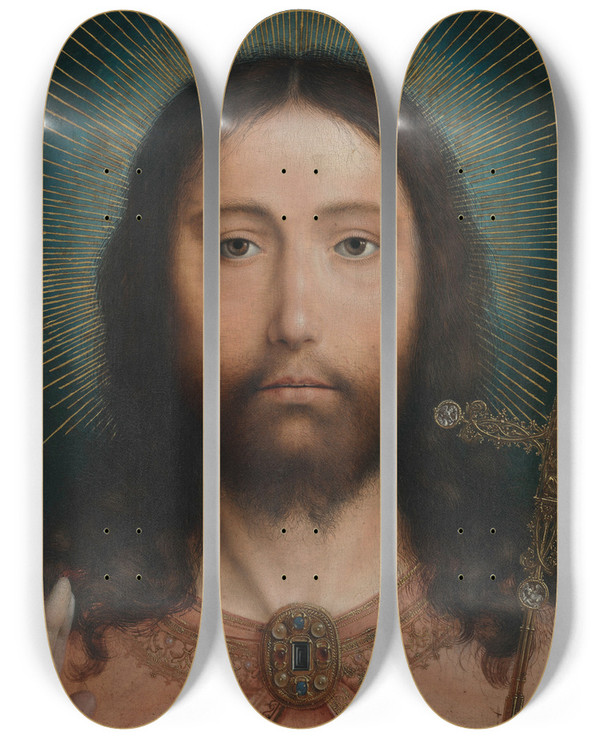 Triptych art skateboard deck of Quentin Massys Christ Salvator Mundi by Quentin Massys (1466-1530)