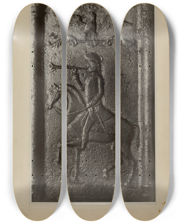 Triptych art skateboard deck of Moses Pa German Stove Plate by Moses