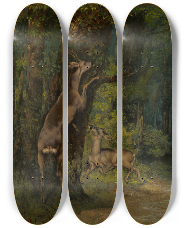 Triptych art skateboard deck of Gustave Courbet Deer In The Forest by Gustave Courbet (1819-1877)