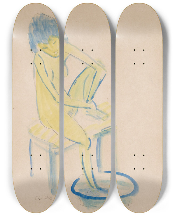 Triptych art skateboard deck of Otto Mueller Sich Waschender Akt by Otto Mueller (1874-1930)