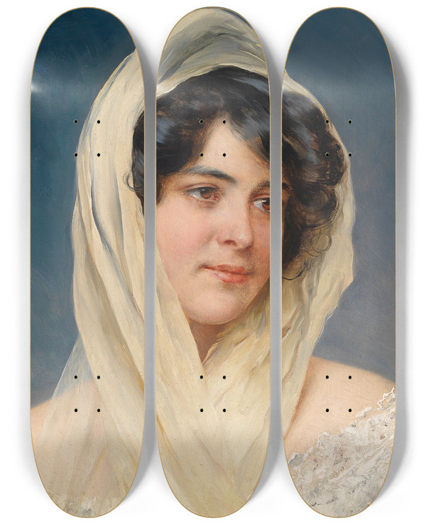 Triptych art skateboard deck of Eugen Von Blaas Bildnis Einer Jungen Dame Mit Schleier by Eugen Von Blaas (1843-1931)