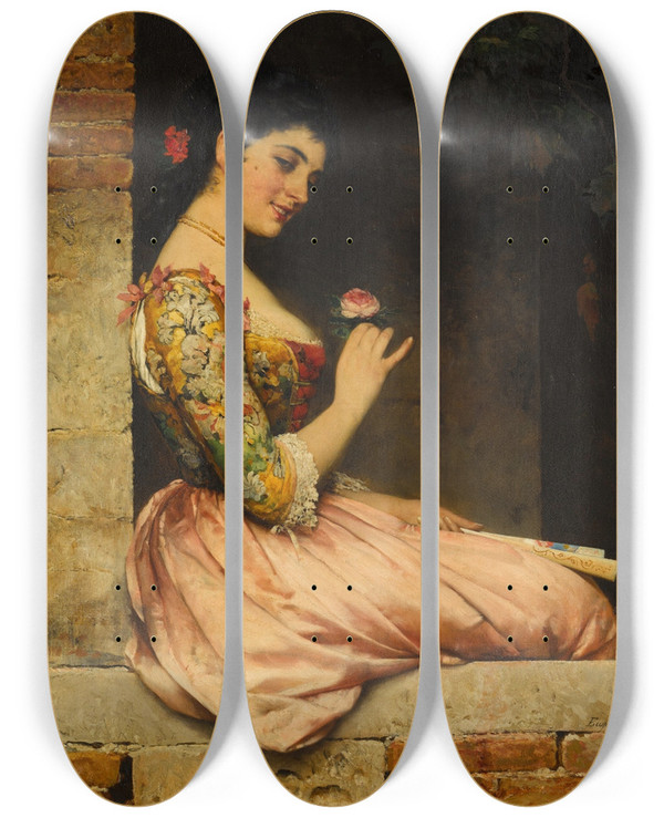 Triptych art skateboard deck of Eugen Von Blaas A Rose by Eugen Von Blaas (1843-1931)