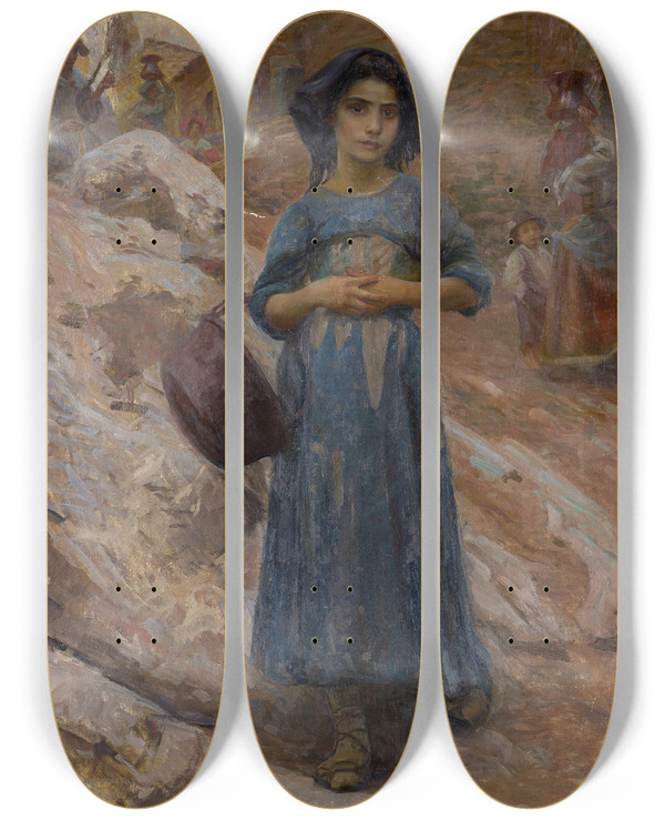 Triptych art skateboard deck of Hans Johann Ludwig Lendorff The Water Carrier by Hans (Johann) Ludwig Lendorff (1863-1946)