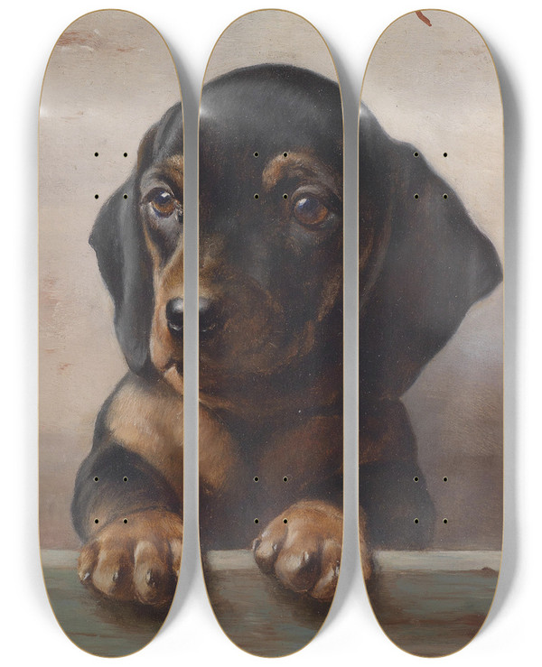 Triptych art skateboard deck of Carl Reichert Young Dachshund by Carl Reichert (1836-1918)