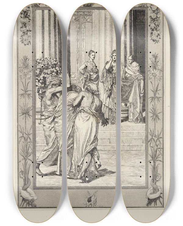 Triptych art skateboard deck of Max Klinger Psyche Und Venus Amor Und Psyche Opus V Blatt 34 by Max Klinger (1857-1920)