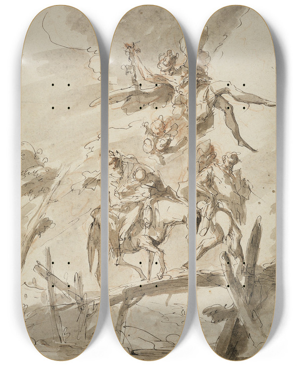 Triptych art skateboard deck of Gaspare Diziani The Holy Family On The Flight Into Egypt by Gaspare Diziani (1689-1767)