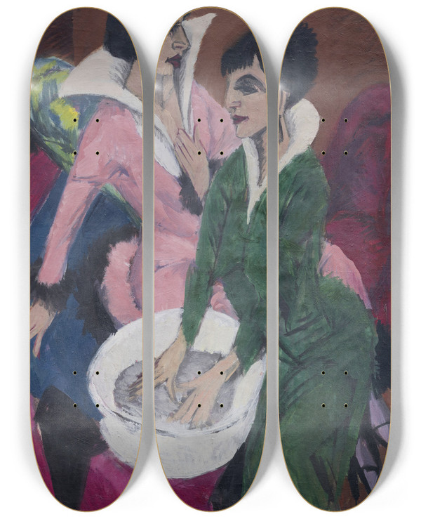 Triptych art skateboard deck of Ernst Ludwig Kirchner Two Women By A Sink The Sisters_2 by Ernst Ludwig Kirchner (1880-1938)