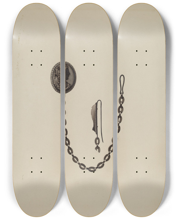 Triptych art skateboard deck of Dana Bartlett Medallion And Chain by Dana Bartlett
