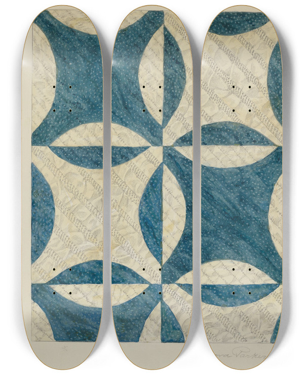 Triptych art skateboard deck of Cora Parker Quilted And Pieced Coverlet by Cora Parker