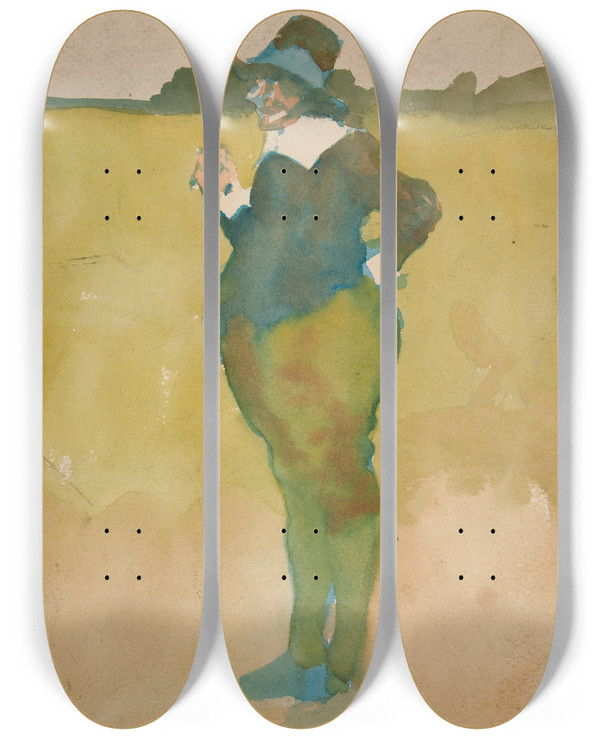 Triptych art skateboard deck of Edwin Austin Abbey Fat Man In Landscape by Edwin Austin Abbey (1852-1911)