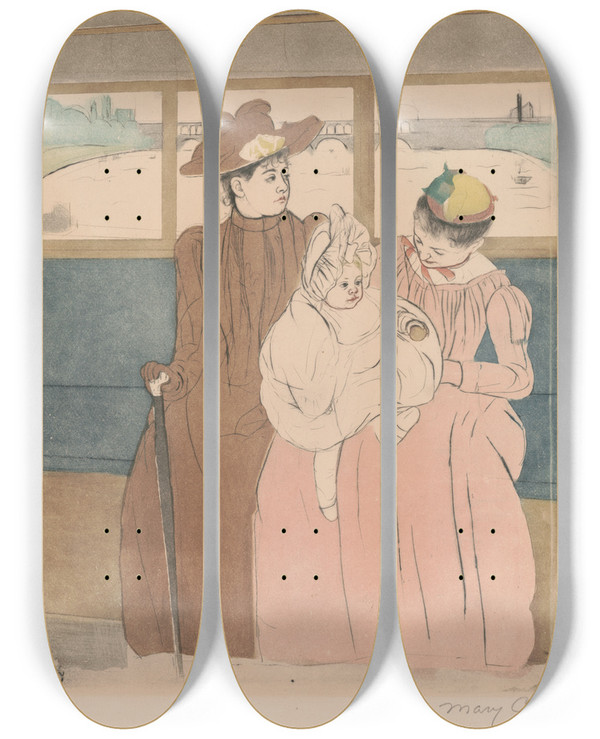 Triptych art skateboard deck of Mary Cassatt In The Omnibus_2 by Mary Cassatt (1844-1926)