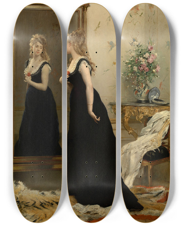 Triptych art skateboard deck of Gustave Lonard De Jonghe In Front Of The Mirror by Gustave Leonard De Jonghe (1829-1893)