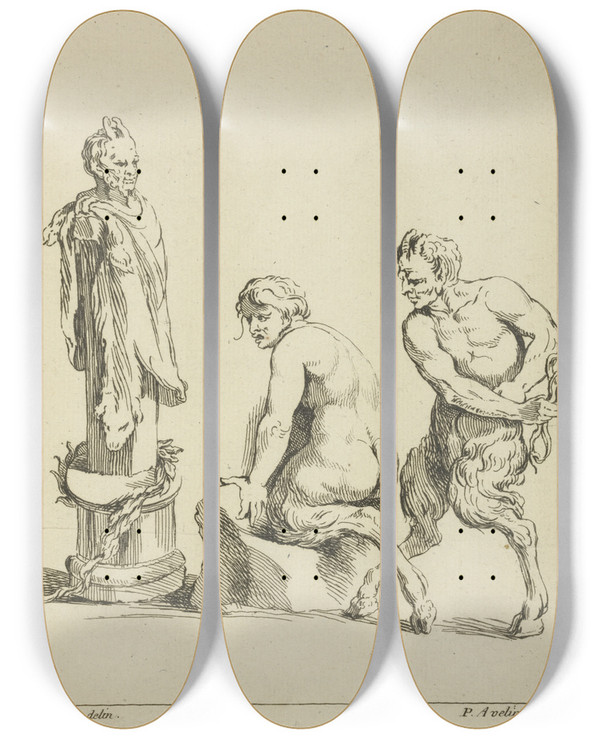 Triptych art skateboard deck of Peter Paul Rubens Two Satyrs And The Head Of A Satyr by Peter Paul Rubens (1577-1640)