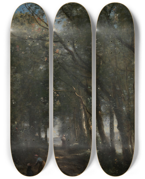 Triptych art skateboard deck of Jeanbaptistecamille Corot A Lane Through The Trees by Jean-Baptiste-Camille Corot (1796-1875)