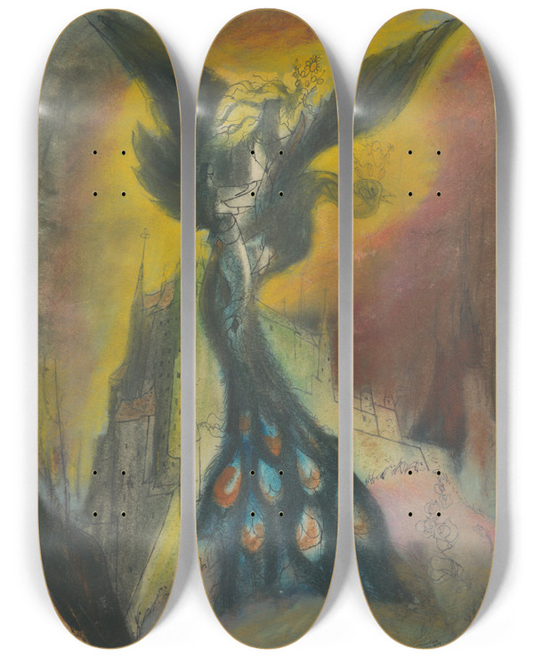 Triptych art skateboard deck of Jn Novk Princess Abducted By A Monster With A Peacock Tail by Jan Novak (1921-1944)
