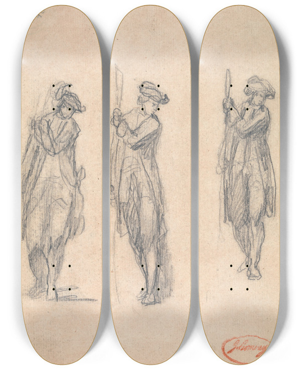 Triptych art skateboard deck of George Romney Three Sketches Of A Man In Uniform by George Romney (1734-1802)