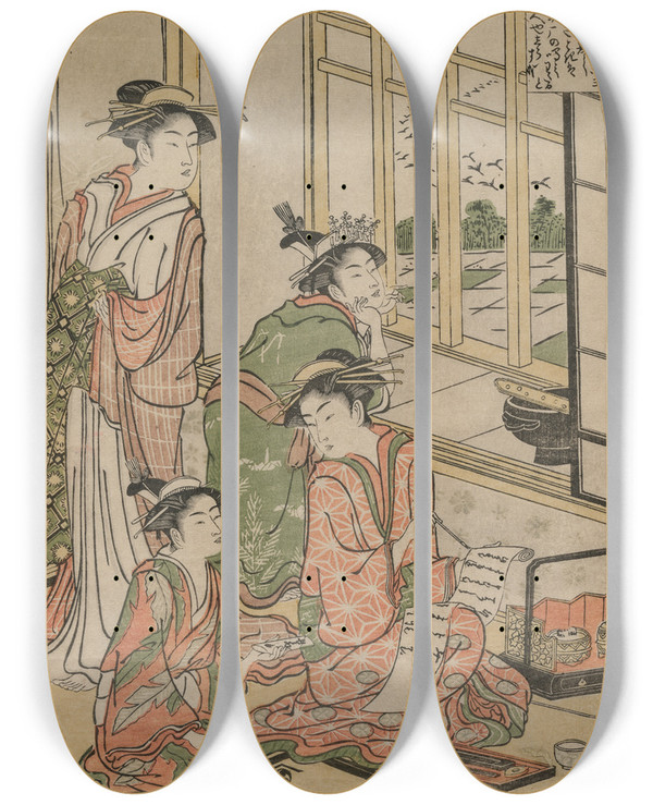 Triptych art skateboard deck of Katsukawa Shunzan Courtesans At Leisure From The Series The Six Immortal Poets by Katsukawa Shunzan (1782-1798)