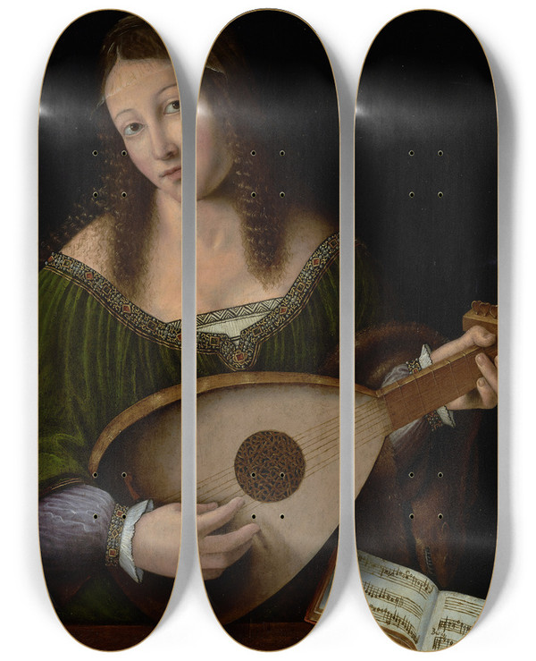 Triptych art skateboard deck of Bartolomeo Veneto Lady Playing A Lute by Bartolomeo Veneto (1502-1531)