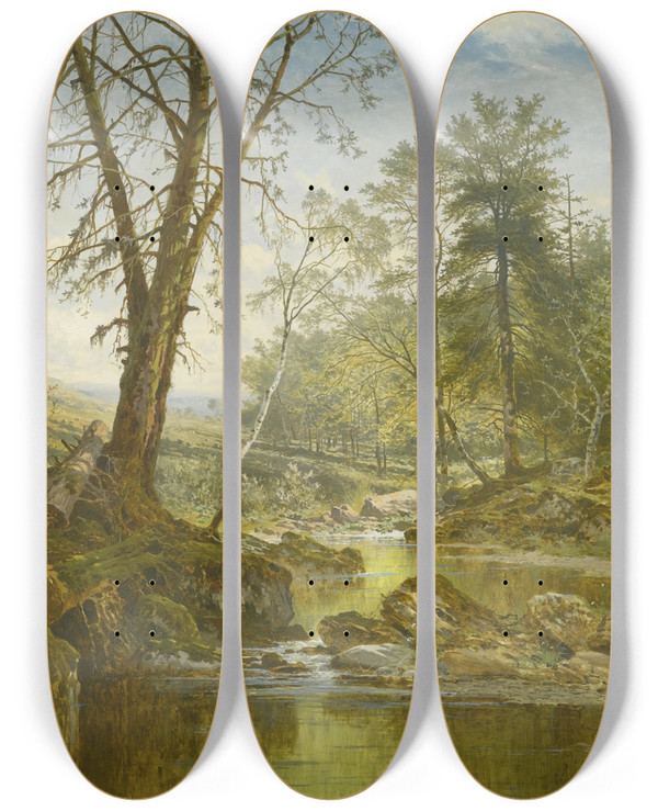 Triptych art skateboard deck of Benjamin Williams Leader A Sunny Stream Beardon Dartmoor by Benjamin Williams Leader (1831-1923)