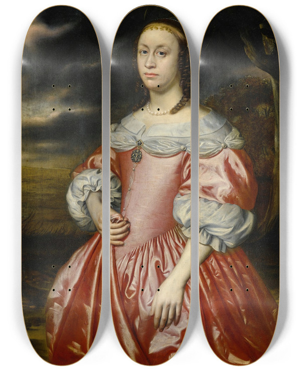 Triptych art skateboard deck of Dutch School Portrait Of Alady In A Pink Dress by Dutch School