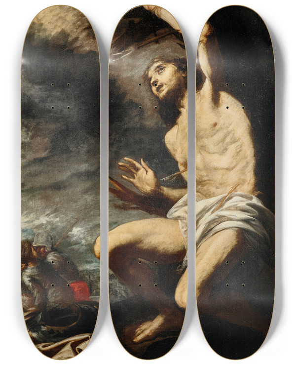 Triptych art skateboard deck of Antonio De Bellis Saint Sebastian by Antonio De Bellis (1616-1656)